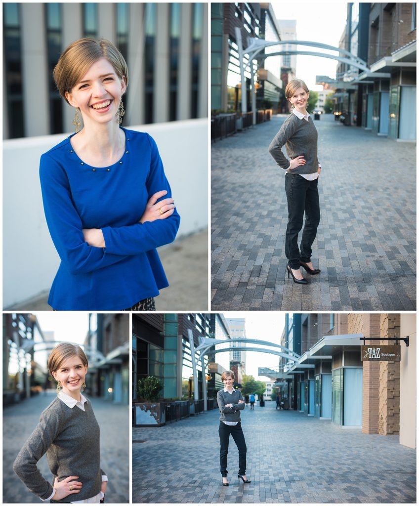 Downtown Greenville photoshoot locations.
Woman standing in front of a city backdrop.
