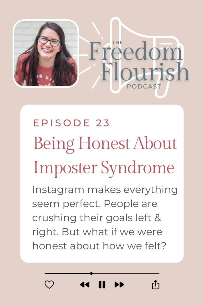 The podcast episode is advertised on a white background with raspberry text saying "Getting Honest About Imposter Syndrome" A photo of Christi smiling is at the top of the image