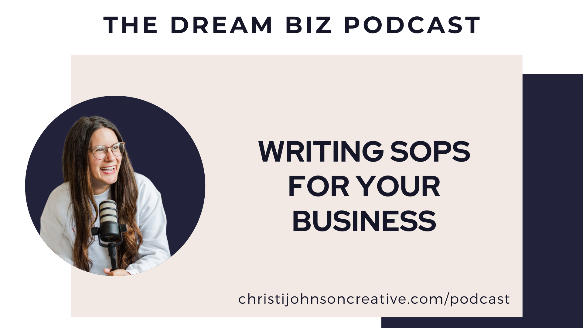 How to Write an SOP for Your Business is written in dark purple text on a tan background with a picture of Christi smiling while recording her podcast