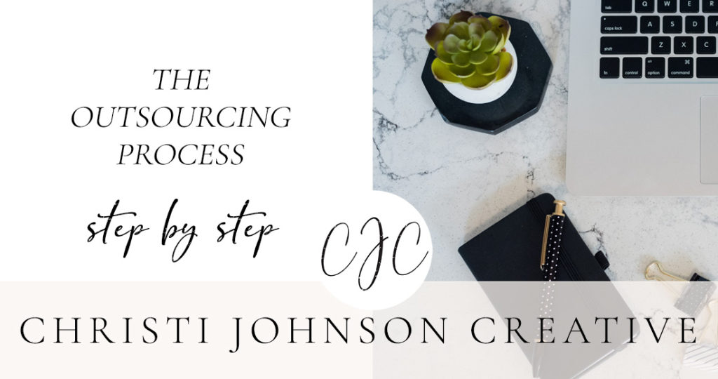the outsourcing process explained step by step by christi johnson creative private photo editor. title card with laptop black notebook and succulent