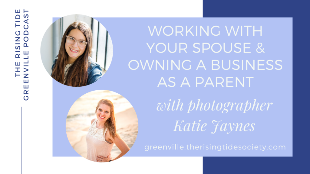title card on a blue background with photos of Christi & Katie - title text says "Working with your spouse & owning a business as. aparent"