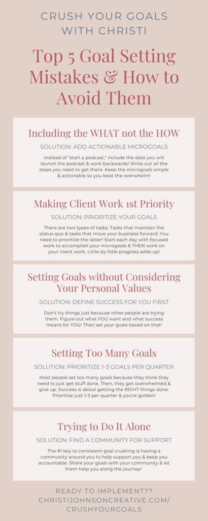 The Top 5 Goal Setting Mistakes Infographic 1) Leaving Out the How Solution: Add microgoals to your goals 2)Making Client Work 1st Priority Solution: Prioritize Your Goals 3) Setting Gials without Considering Your Values Solution: Define Success for Yourself First 4) Setting Too Many Goals Solution: Prioritize 1-3 Goals Per Quarter 5) Trying to Do it Alone Solution: Find a Community to Set Goals With