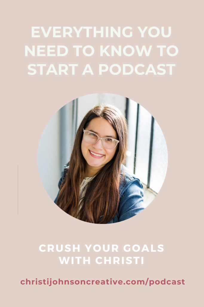 Light pink background with image of Christi with the title of the podcast episode: Everything You Need to start a podcast. 