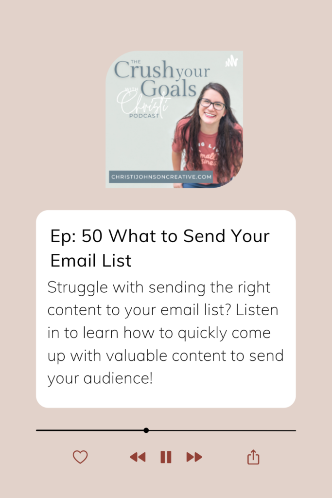  Pink background with image of Christi and description of episode 50: how to come up with the right content to send your email list
