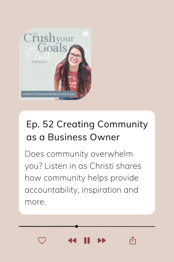 Pink background with image of Christi and description of episode 52: how to create community as a small business owner