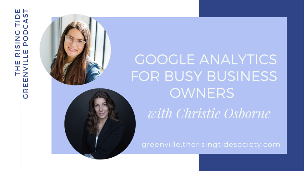 Graphic with blue and white background with title of episode: Google analytics for busy business owners with images of host and guest. 