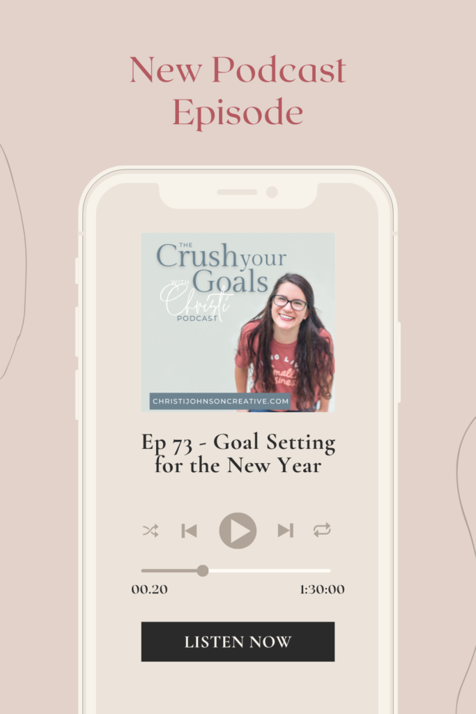 The episode title Goal Setting for the New Year is on a mockup of a phone on a tan background 