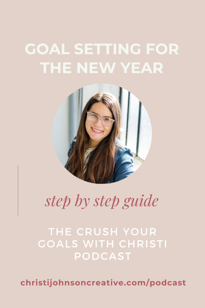 Goal Setting for the New Year written in white text on a tan background with a picture of Christi in a denim jacket and pink glasses