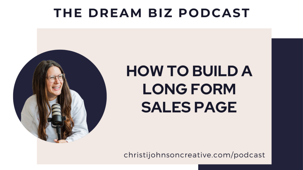 How to build a long-form sales page is written in dark text on a tan background. Christi is smiling off to her left and holding a microphone.
