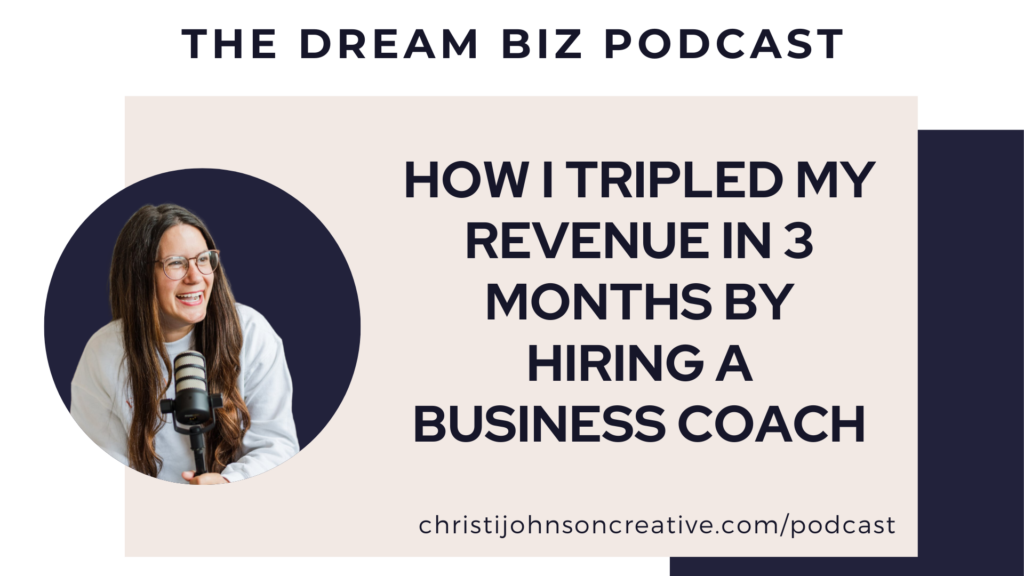 How I tripled My Revenue in 3 Months by Hiring a Business Coach is written in purple text on a tan background. There is a photo of Christi, a white woman with brown hair, smiling off to her right and holding a microphone.